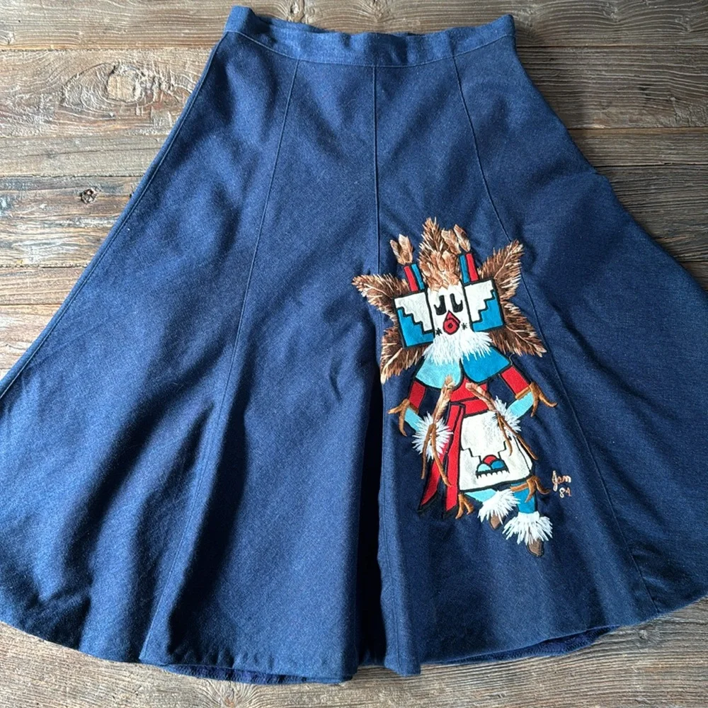Native American appliqué Jean midi skirt with feather faux suede tunic EVC small